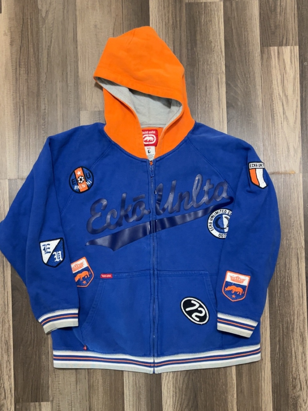 Vintage Y2K ECKO UNLTD 72 Patches Mens L Blue Sweatshirt Full Zip Up Hoodie